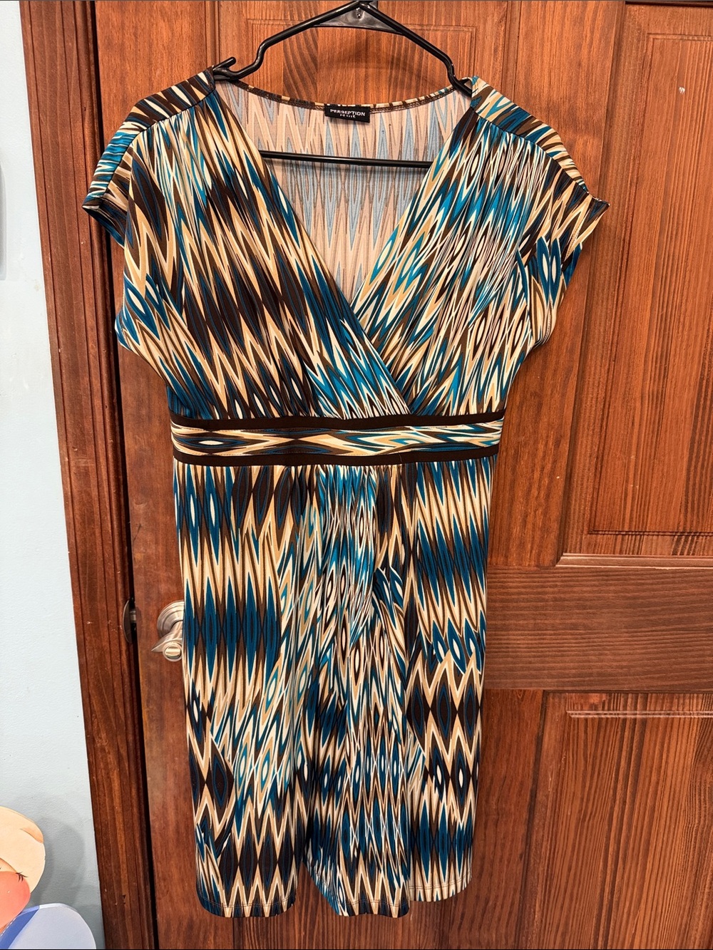 Perseption Teal, Beige & Black Chevron-Print Midi Dress